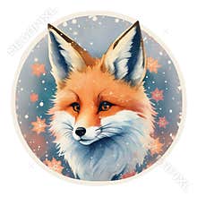 Christmas Sticker of cute fox in festive New Year atmosphere. Watercolor illustration on transparent background. Png