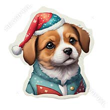 Christmas Sticker of cute puppy dog in festive New Year atmosphere. Watercolor illustration on transparent