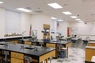 Science learning equipment in a modern high school science classroom