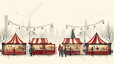 Christmas market and holiday fair. Christmas market stalls or holiday outdoor. Cartoon people walking between decorated outdoor