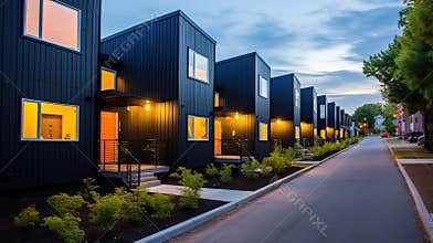 Residential minimalist architecture exterior. A very modern neighborhood, late afternoon or morning shot.