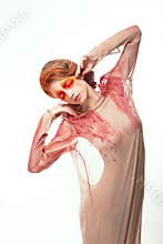 Glamour. Beautiful Woman with Bright Ruby Makeup. Creativity