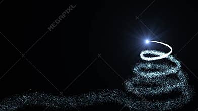 A bright light source draws a Christmas tree made of blue particles on a dark background. Animation for Christmas