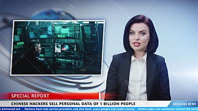 News anchor reporting on criminal hacker group