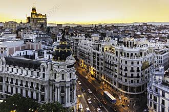 Panoramic view of Gran Via, Madrid, Spain.