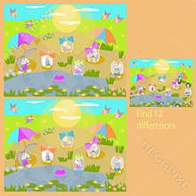 in the funny Rabbits on the Grass rebus for children up to 8 years old, find 12 differences