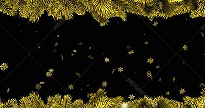 Animation of gold snowflakes falling on black background with christmas tree border