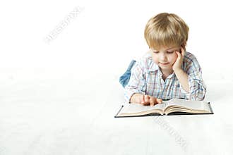 Kid Reading Book, Little Child Boy Read in School, lying down white floor