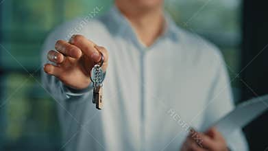 Male unknown homeowner realtor estate manager businessman investor hold keys of modern office rich man agent successful