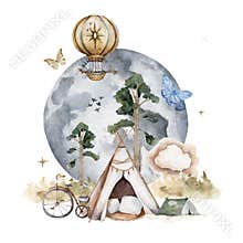 Camping, summer outdoor recreation place. Hot air balloon, tipi, tent and bicycle watercolor illustration. summer sunny