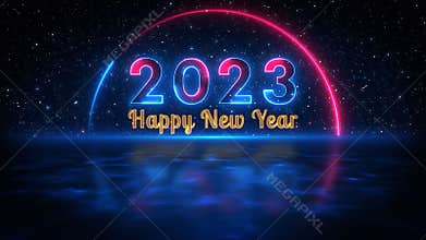 Futuristic Blue Red Shine Happy New Year 2023 Greeting Neon Sign With Light Reflection On Blue Water Surface Starry