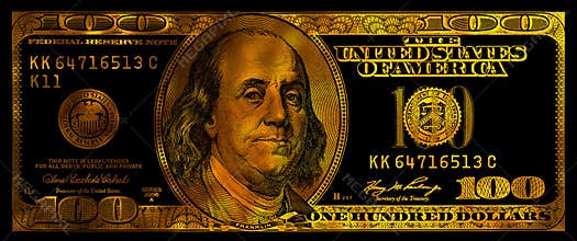 golden textured 100 US dollar banknote with black background