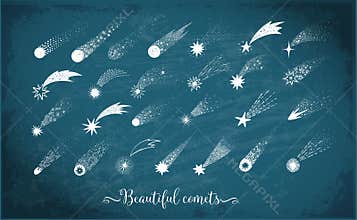 Collection of doodle comets, meteorites and shooting stars on blackboard background. Vector sketch illustration.