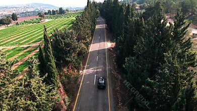 One black crossover car driving, travel on freeway through dense forest corridor. Aerial drone view