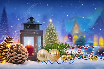 Beautiful lantern on snowy background with winter landscape. Christmas candle holder, Holiday magic concept