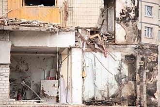 A house blown up by a Russian rocket in the city of Dnipro on Pobeda Street in Ukraine, War in Ukraine, a rocket attack on