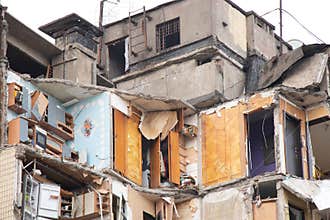 A house blown up by a Russian rocket in the city of Dnipro on Pobeda Street in Ukraine, War in Ukraine, a rocket attack on