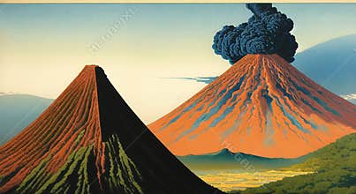 Volcanic eruption smoke landscape digital painting illustation. Ai generated for childrens books
