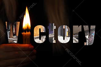 A house blown up by a Russian rocket in the city of Dnipro on Victory Street in Ukraine and the text Victory from a photo of the