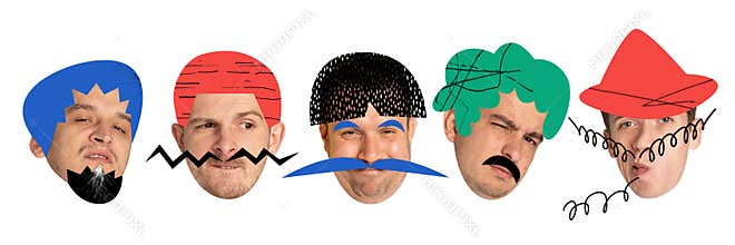 Set of icons of male faces, heads with different style haircuts drawn in cartoon style. Men with diverse positive and