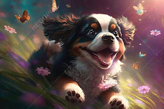Enthusiastic puppy leaping in the air to catch a colorful butterfly in a lush garden