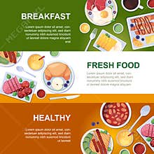 Breakfast banners. different food illustrations for restaurant menu. Vector top view pictures for banners with place for