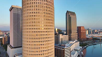 Urban landscape of downtown district of Tampa city in Florida, USA. Skyline with high skyscraper buildings in modern