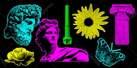 Halftone collage design elements in trendy magazine style. Statue, rose, flower, butterfly. Vector illustration with