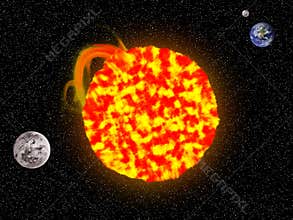 Huge red sun, earth, venus, mars and moon in space