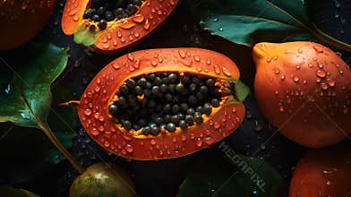 Fresh ripe papayas with water drops background. Fruits backdrop. Generative AI