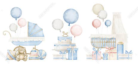 Baby Cradle and Pram in pastel colors. Hand drawn watercolor set of illustrations for childish shower on isolated
