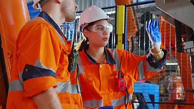 Young engineer man and woman talking and explaining about robot arms technology intelligence and innovation at factory.