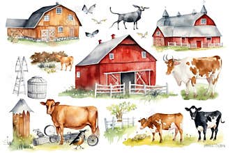 Cow, farm barn, countryside landscape watercolor illustration set, hand drawn farm animals, red barn with a tree, windmill, green