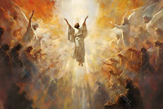 Jesus Christ in clouds of heaven over cross - ascension Christ return. Second coming of Christ. Ascension Day a Public
