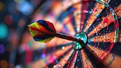 a dramatic shot of a single dart in the middle of a dartboard, Generative AI