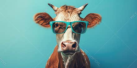 A cow wearing glasses on a blue background