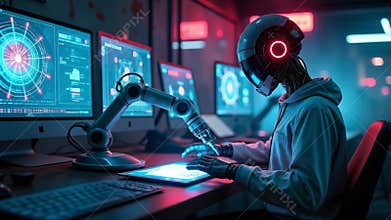 Futuristic Robot Programming with Robotic Arm in High-Tech Lab