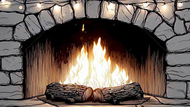 Flames crackle and glow in a rustic stone fireplace. The inviting warmth creates a comforting ambiance in a dimly lit