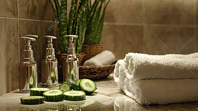 A clean spa setup with aloe vera products and fresh cucumber slices. digital