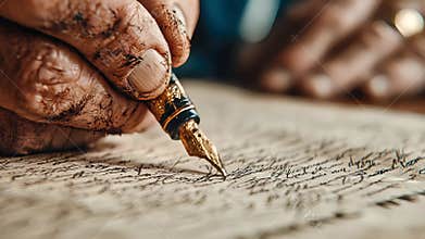 Dirty hand writing cursive with a golden fountain pen on aged parchment paper, close-up shot