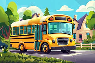 a yellow school bus on suburban street, cartoon style with trees and houses in background, bright scene.
