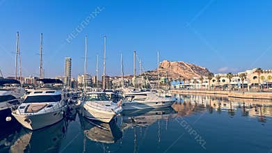 Panoramic video of Alicante marina skyline along Spain Costa Blanca