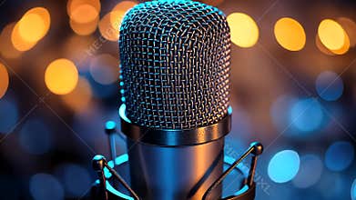 Close-up of a professional microphone in a dimly lit recording studio, symbolizing podcasting, music, and broadcasting