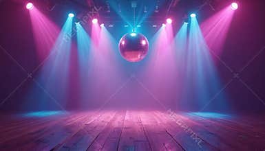 Disco ball hangs center stage with colorful lights. Wooden floor with bright pink, blue light beams. Concert hall, night club,