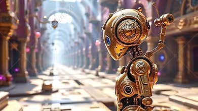 Gleaming brass automaton, captured in wide-angle perspective from Generative AI