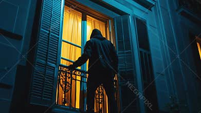 Clandestine entry: shadow figure, unlawful theft, resident danger, personal space, criminal plot, stealth movement, nighttime