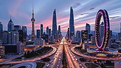 a sleek futuristic cityscape at dusk, glass skyscrapers shining Generative AI
