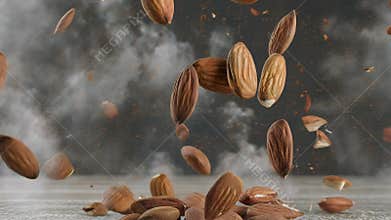 Almonds falling slow motion smoke background