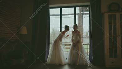 Dark shadow silhouette two Happy women run to the window classic room fun joy. Fairy tale adult girls beauty noble woman