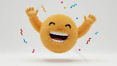 Happy Fluffy Character Celebrating with Confetti and Arms Up